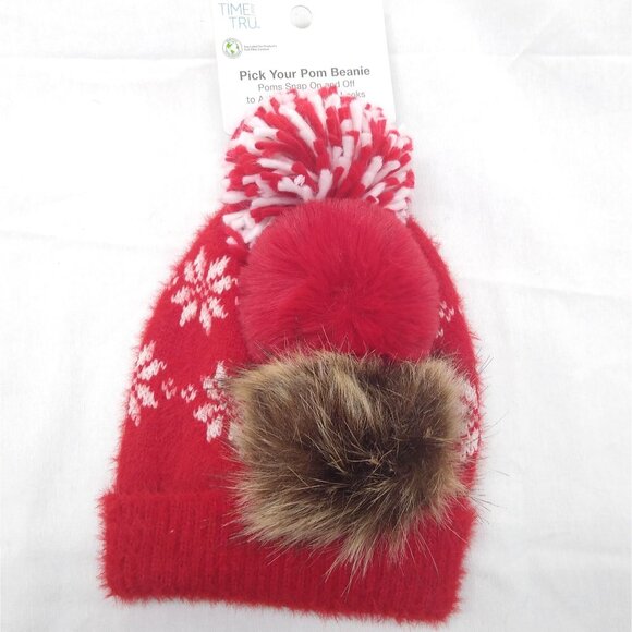 Time and Tru Beanie Pic Your Pom Interchangeable Pompom Faux Fur Accent Snowflak - Picture 2 of 6